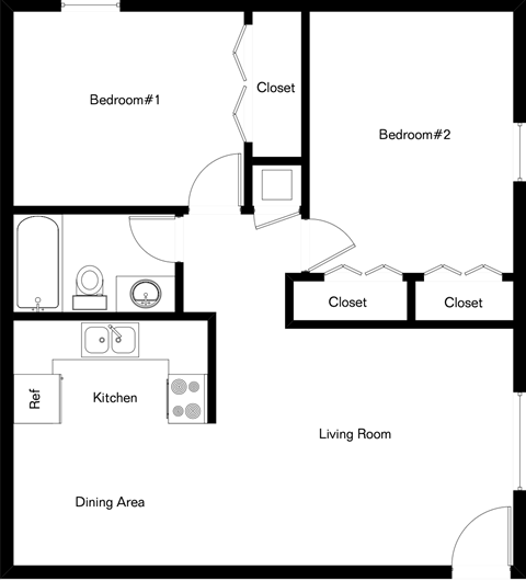 Floor plan for 2 beds, 1 bath, 750 sqft